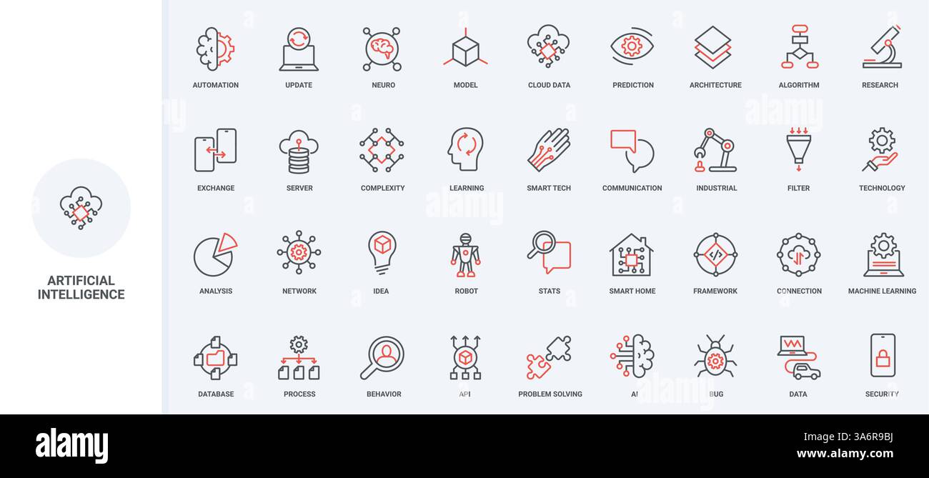 INTELLIGENZA ARTIFICIALE e cervello digitale, rete generativa con intelligenza artificiale, set di icone di linee di apprendimento automatico. algoritmo e modello del sistema, microchip, simboli sottili di contorno nero e rosso, illustrazione vettoriale Illustrazione Vettoriale