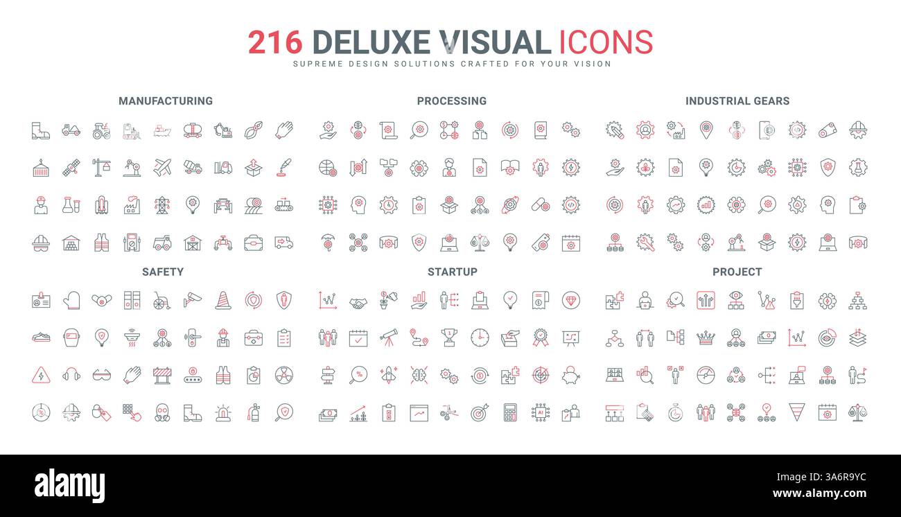 Gear in business e processi industriali, lancio di startup e sviluppo di progetti, set di icone della linea di sicurezza del lavoro. Attrezzatura per la protezione dei lavoratori, simboli sottili di contorno neri e rossi, illustrazione vettoriale Illustrazione Vettoriale