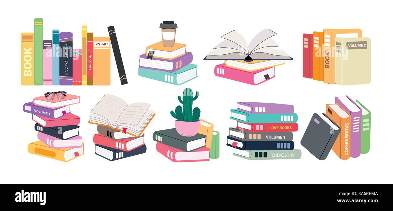 Set di clipart per disegni colorati per libri. Elementi del libro di testo scolastico clip art in pagine aperte e chiuse informazioni di apprendimento per l'appartamento della biblioteca didattica Illustrazione Vettoriale
