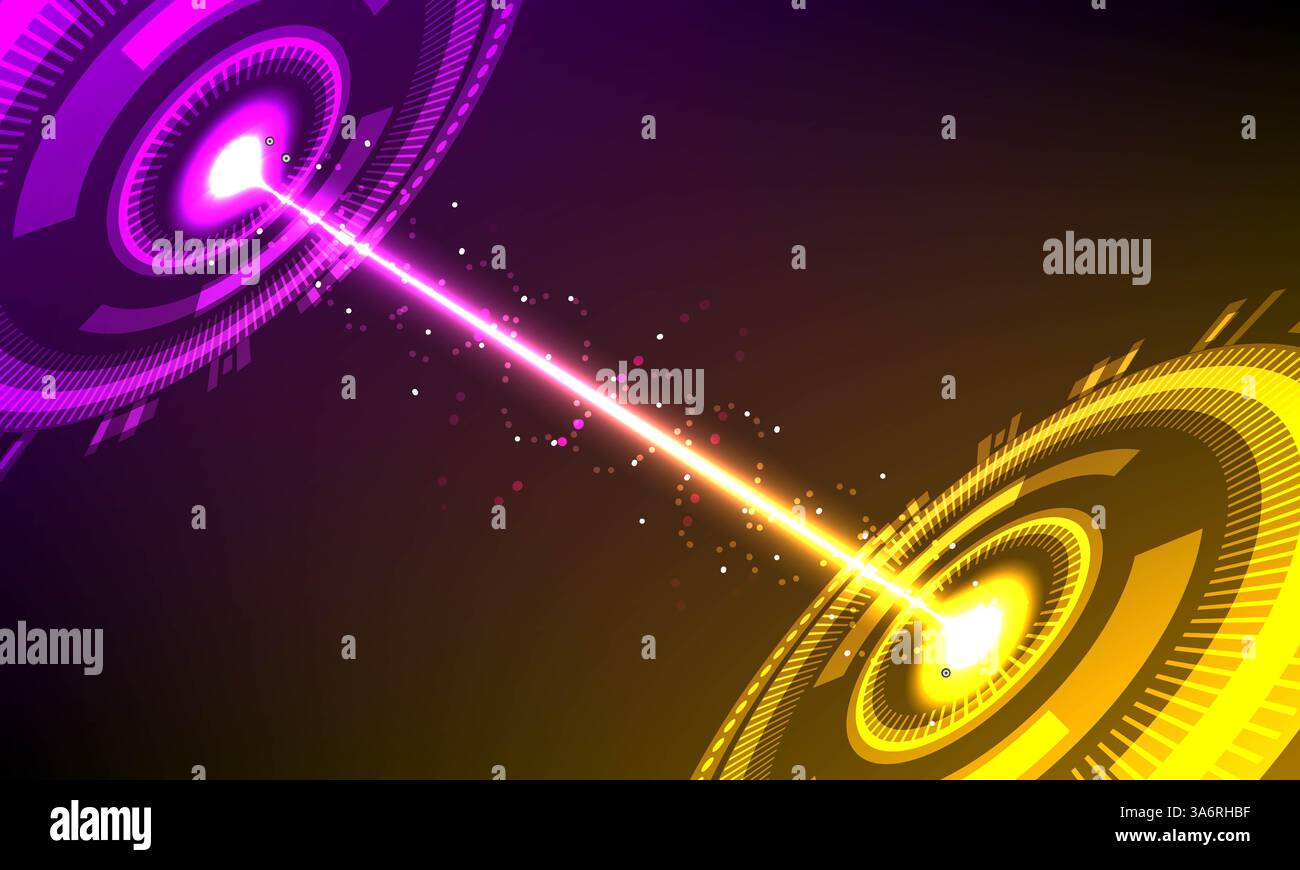 Illustrazione contesto astratto futuristico della tecnologia dei circuiti elettronici,tema dell'energia scintillante fluente e della tensione tra due cerchi tecnologici, Foto Stock