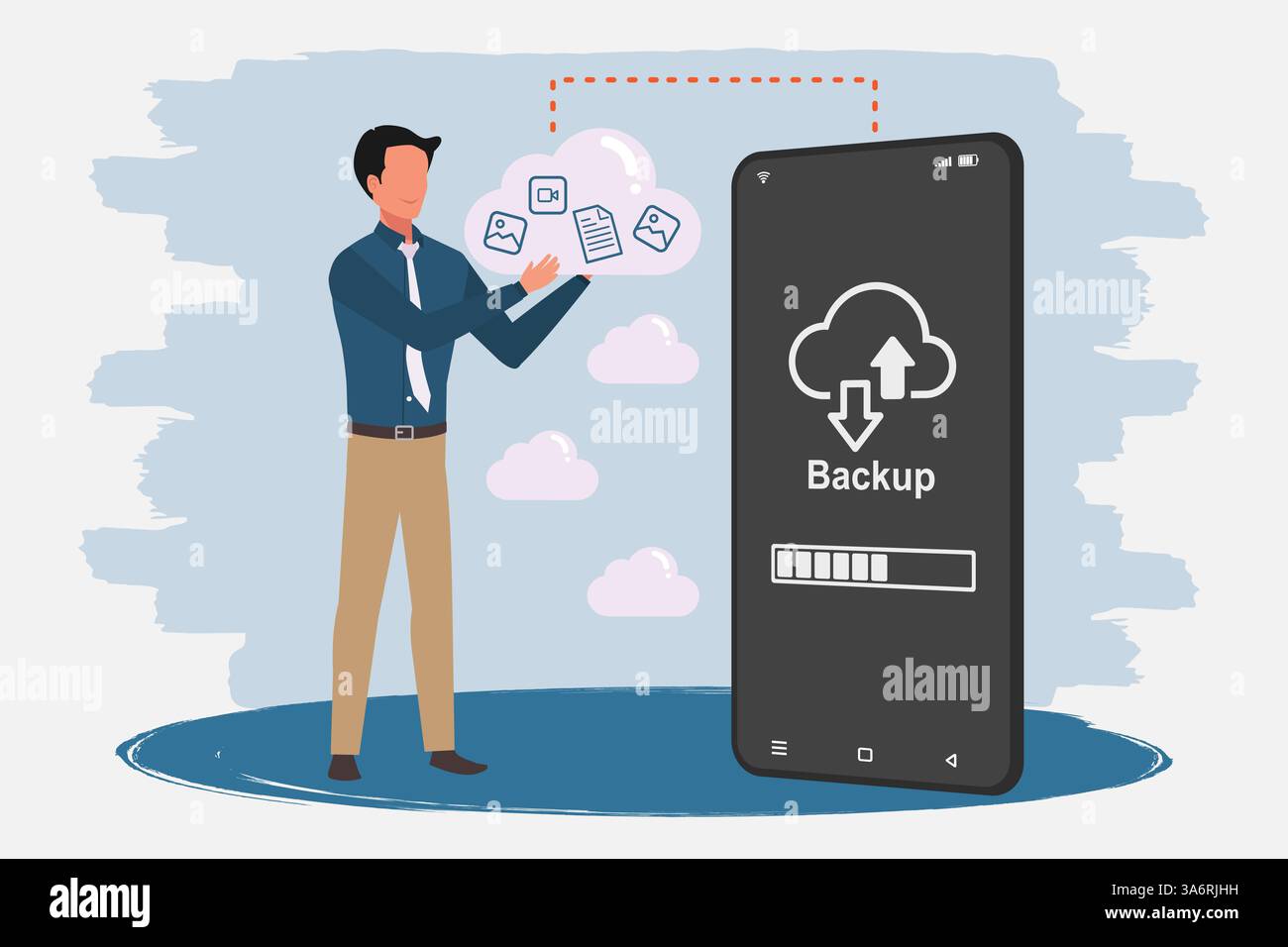 Uomo con un dispositivo di archiviazione cloud per eseguire il backup dei dati sul proprio smartphone. Concetto di backup dei dati del telefono e archiviazione dei dati sul cloud. Illustrazione vettoriale. Illustrazione Vettoriale