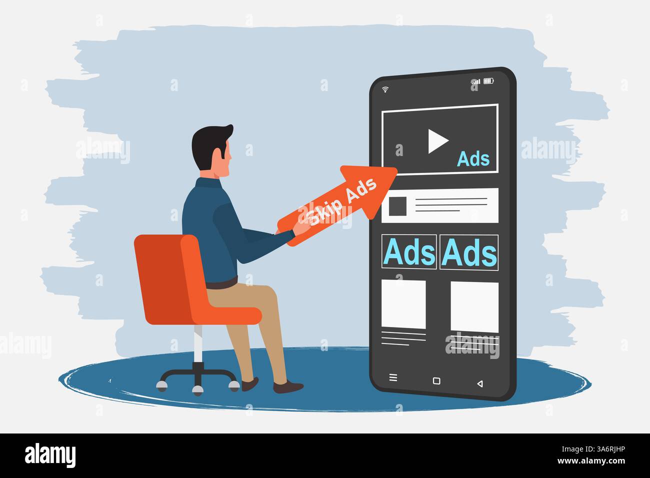 Uomo che vede una pubblicità sui social media sul suo smartphone. Concetto di strategia di marketing digitale. Illustrazione vettoriale. Illustrazione Vettoriale