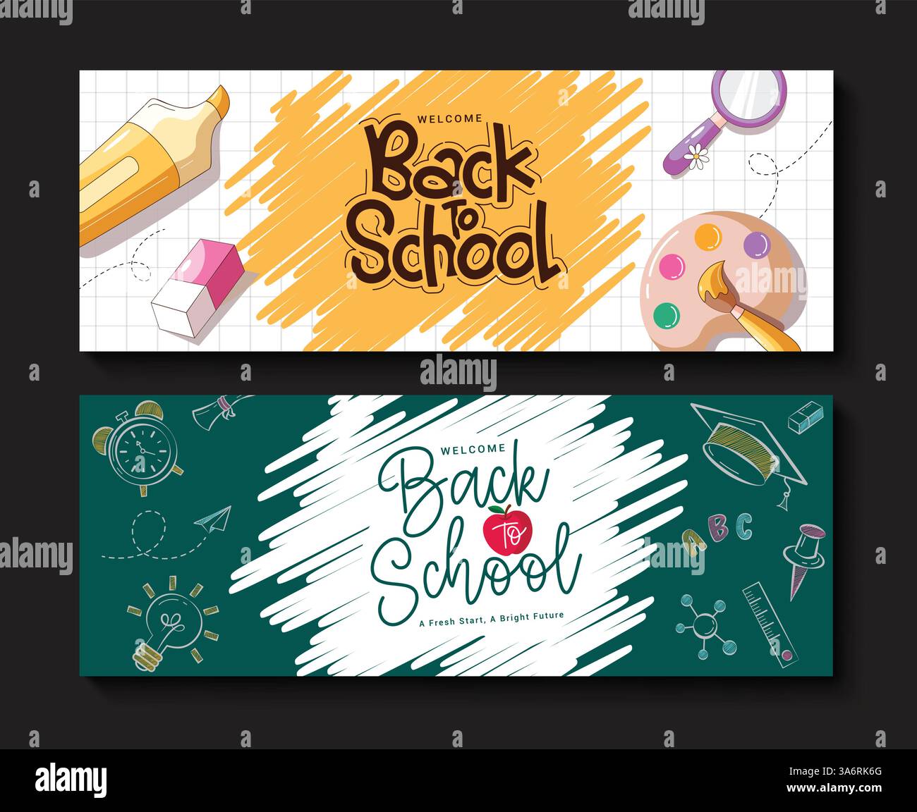 Bentornati al design del banner clipart del saluto scolastico. Testo e messaggio di saluto di ritorno a scuola su sfondo giallo ad acquerello bianco con scarabocchio Illustrazione Vettoriale