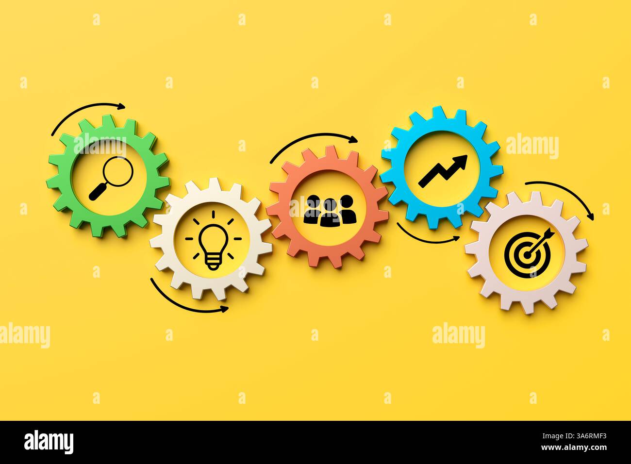 Ingranaggi colorati che simboleggiano la ricerca, la generazione di idee, il lavoro di squadra, la crescita e il raggiungimento degli obiettivi, illustrare un processo aziendale di successo. Rendering 3D. Foto Stock