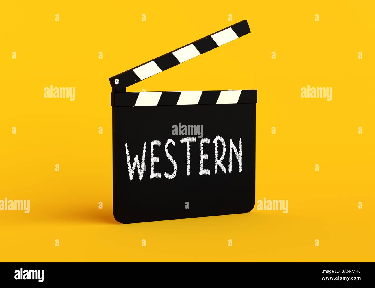 Tavoletta cinematografica con la parola western scritta sopra, che suggerisce la produzione di un film western. Rendering 3D. Foto Stock
