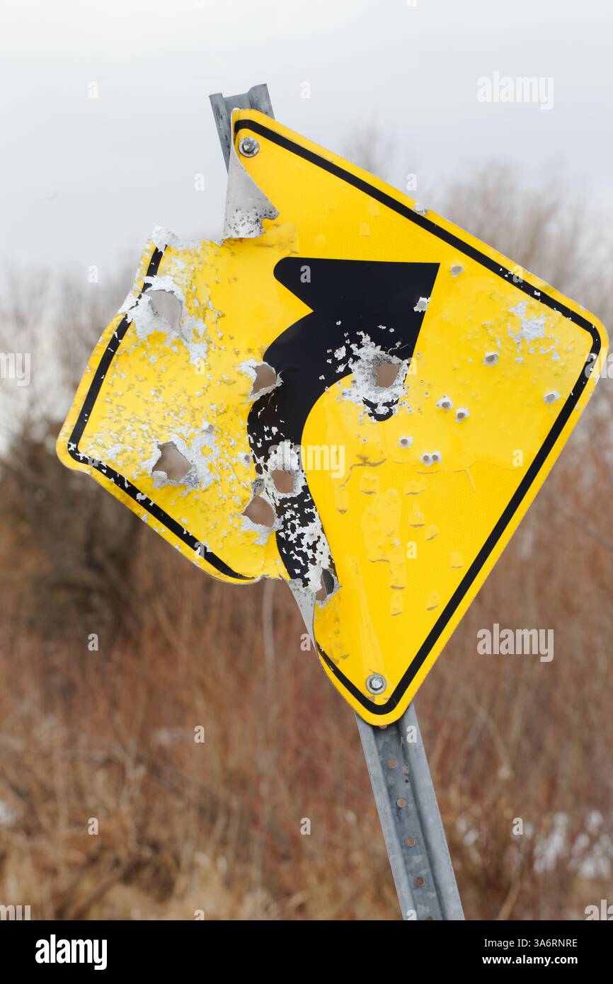 Cartello stradale con le buche del fucile, Quebec, Canada Foto Stock