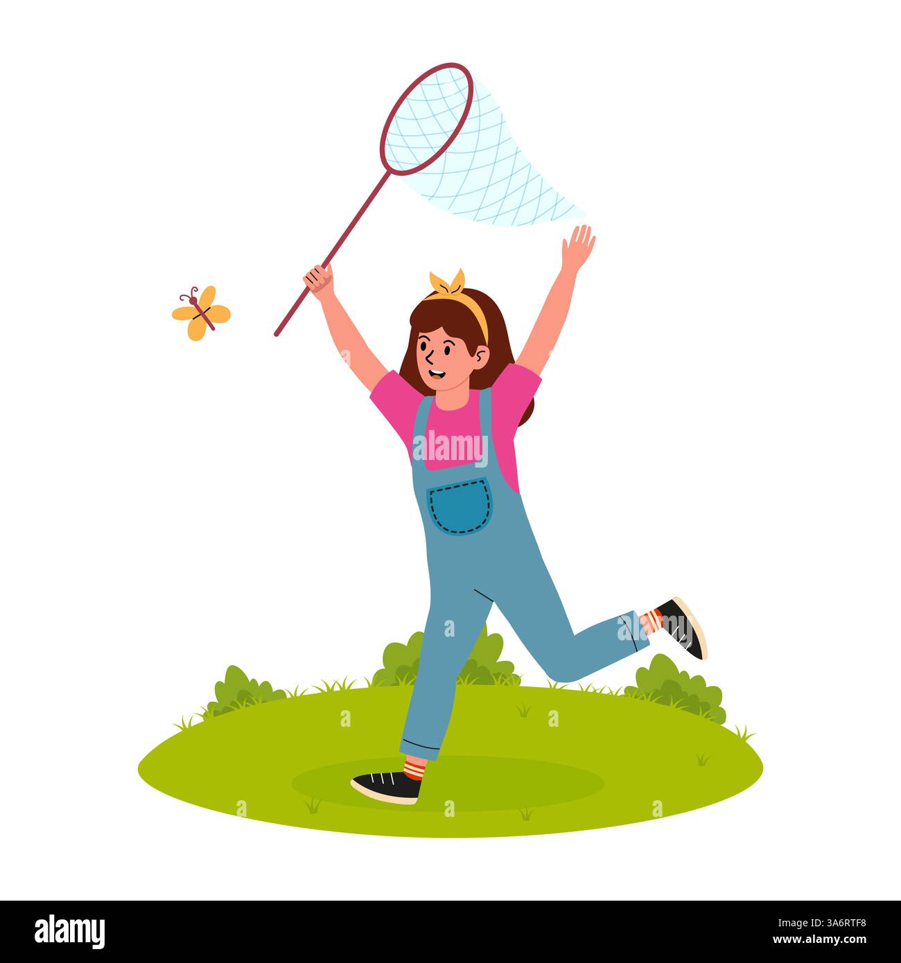 Bambino che insegue con gioia una farfalla con una rete in un campo verde in una giornata di sole Illustrazione Vettoriale