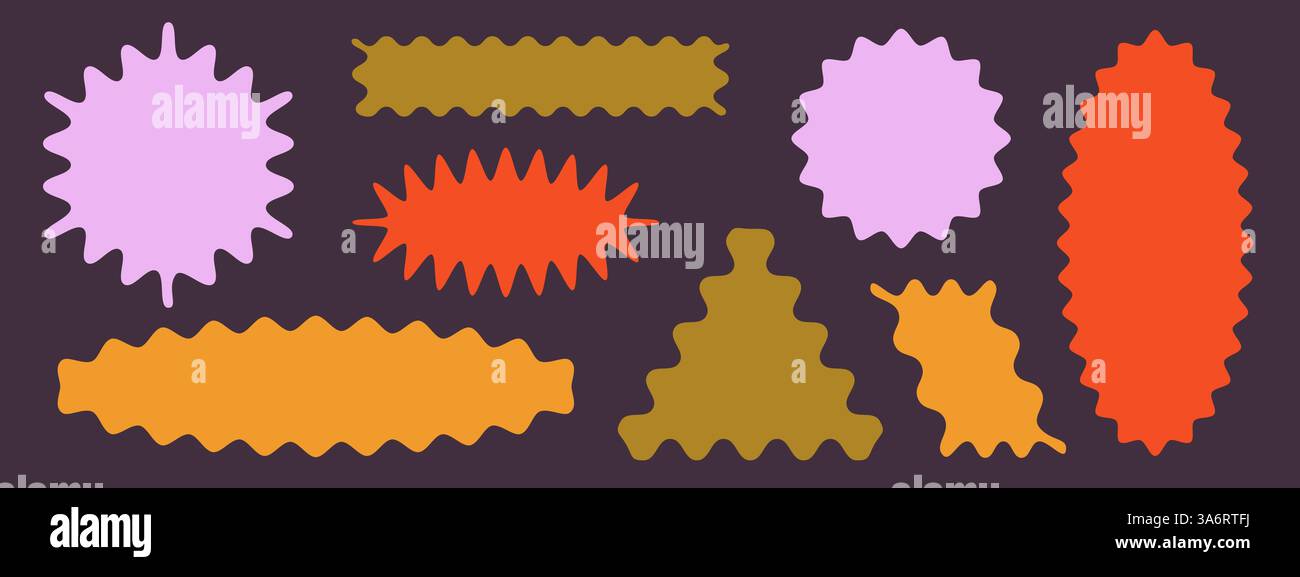 Kit telai a capesante - bordi ondulati e zigzag. Il bordo frastagliato presenta silhouette per etichette, cartellini dei prezzi o adesivi promozionali. graziosi elementi geometrici decorativi per i badge delle didascalie. Illustrazione Vettoriale