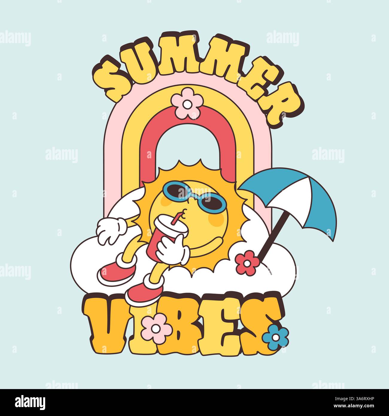 Carattere retrò Happy Sun con drink. Simpatica mascotte, vibrazioni estive, stile vintage fumetto e animazione, scheda relax, stampa o poster, cartoni animati flat i. Illustrazione Vettoriale