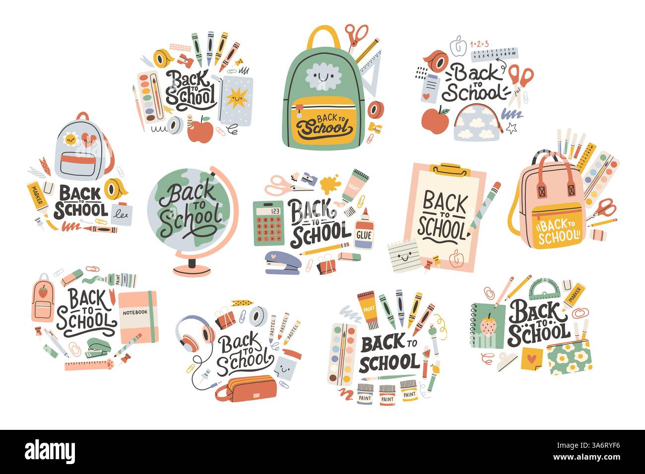 Set di etichette per il ritorno a scuola. Scheda poster per lo sfondo scolastico. Etichetta di vendita. Illustrazione vettoriale piatta. Collezione di badge disegnati a mano. Emblema tipografico Illustrazione Vettoriale