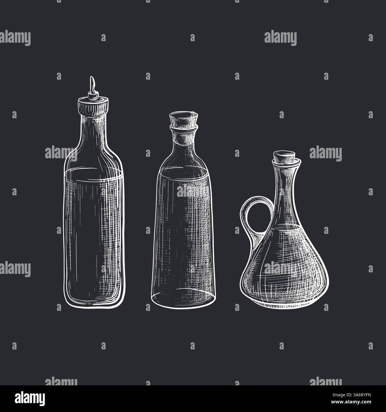 Bottiglia di vetro. Set di disegni a mano vettoriali. Liquido essenziale sotto tappo. Olio organico. Illustrazione con incisione in stile vintage Illustrazione Vettoriale