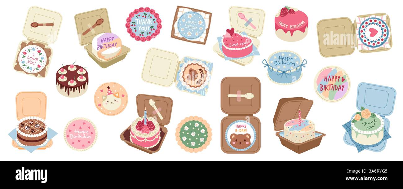 Torte bento cartoni animati. Mini pasticceria dolce, piccoli dessert asiatici, biscotti con zucchero e frutta in scatola, cheesecake coreani, festa di compleanno deliziosa Illustrazione Vettoriale