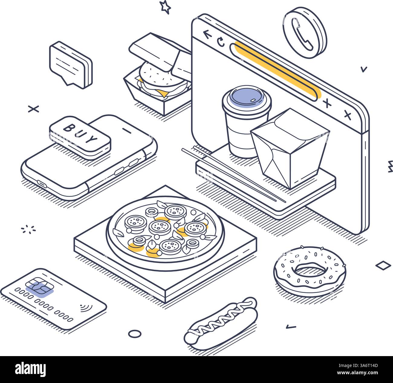 Processo di ordinazione degli alimenti con vari articoli. Sono inclusi una pizza, ciambelle e bevande insieme a uno smartphone e a uno schermo del computer. Moderna arte isometrica Illustrazione Vettoriale