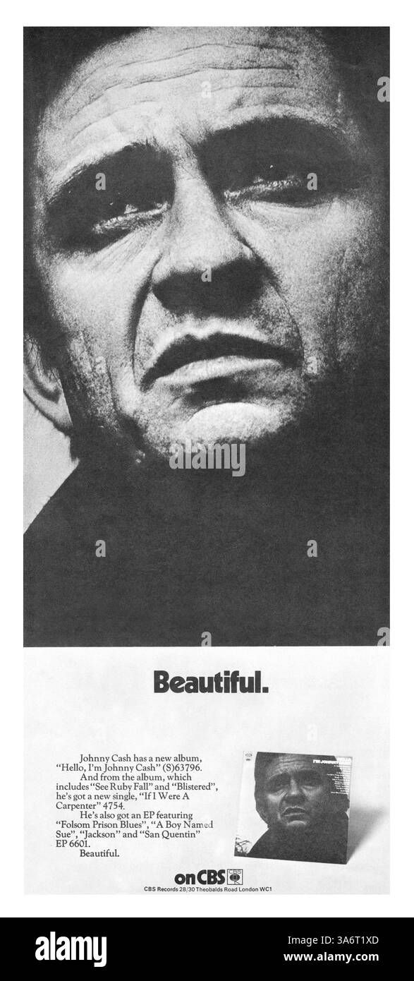 1970 pubblicità commerciale britannica per l'LP "Hello, i'm Johnny Cash" di Johnny Cash su CBS Records. Foto Stock