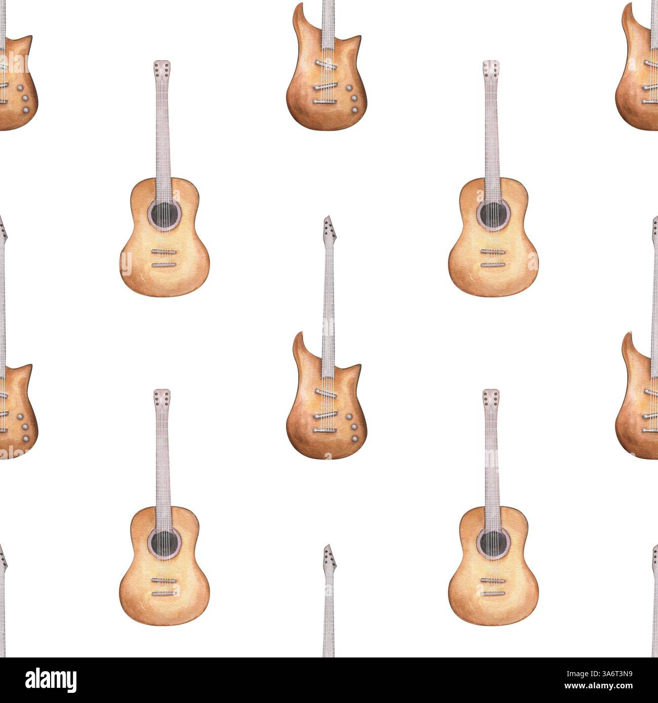 Chitarre a sei corde elettriche e acustiche acquerello sfondo isolato senza cuciture. Illustrazione di strumenti musicali a corde marrone. Foto Stock