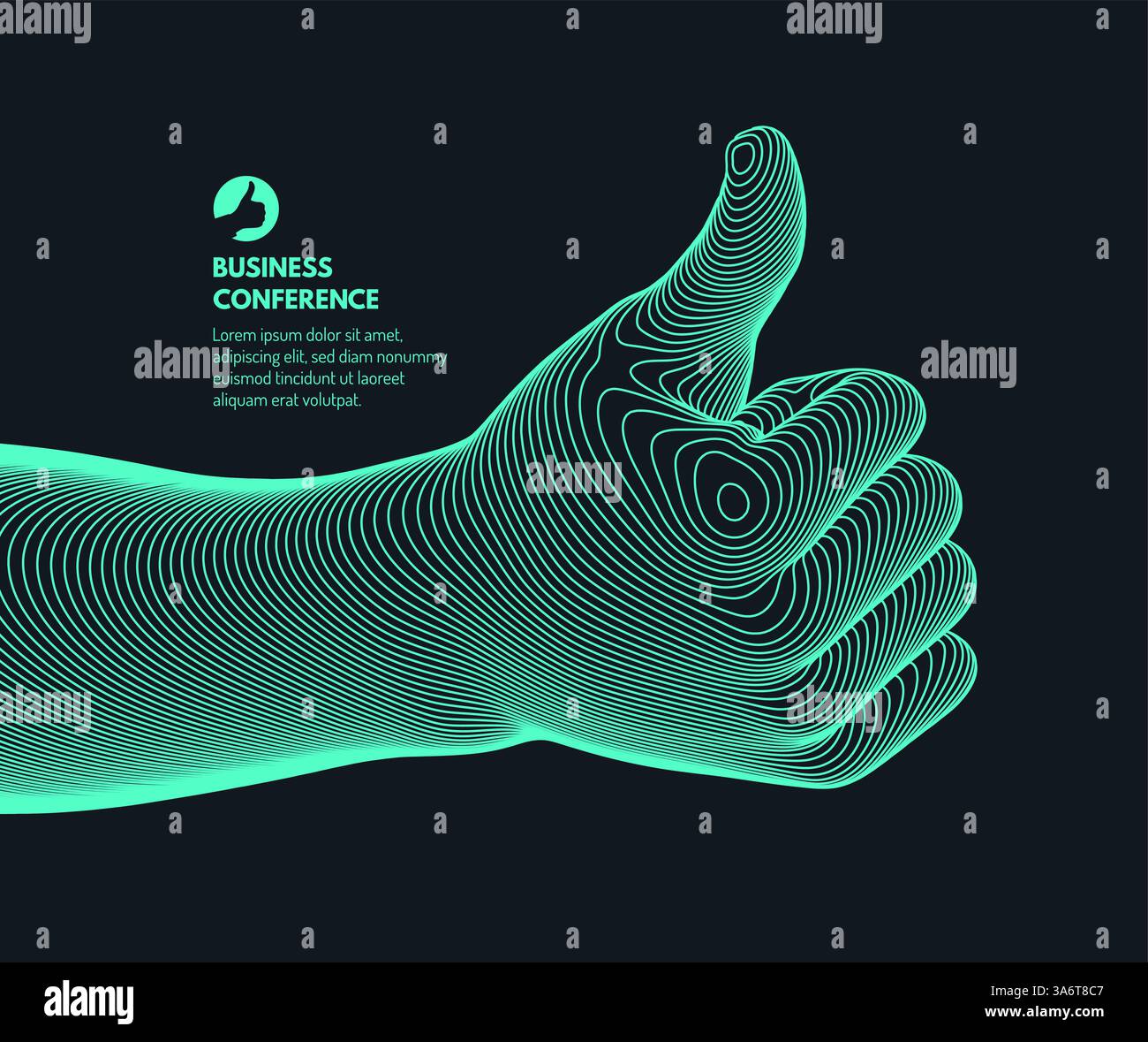 Modello di invito all'evento aziendale. Simbolo thumbs up. Mano mostra come o bene. Approvato. Un segno di successo e bello. Vettore 3D per corsi online, master cl Illustrazione Vettoriale