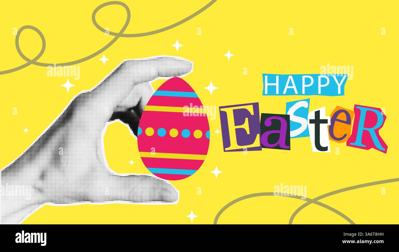 Vivace illustrazione delle festività con una mano mezzitinta che regge un uovo di Pasqua colorato su uno sfondo giallo brillante. Perfetto per biglietti d'auguri, p Illustrazione Vettoriale