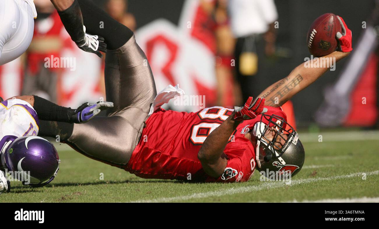 16 novembre 2008 - il tight end dei Tampa Bay Buccaneers Jerramy Stevens (86) sale in una ricezione di 31 yard sulla linea di una yard sopra la safety dei Minnesota Vikings Darren Sharper (42) e il linebacker Ben Leber (51) durante il terzo quarto. I Buccaneers sconfissero i Vikings 19-13, al Raymond James Stadium di Tampa, Florida, domenica 16 novembre 2008. (Gary W. Green/Orlando Sentinel/MCT) (immagine di credito: © Gary W. Green/MCT/ZUMAPRESS.com) Foto Stock