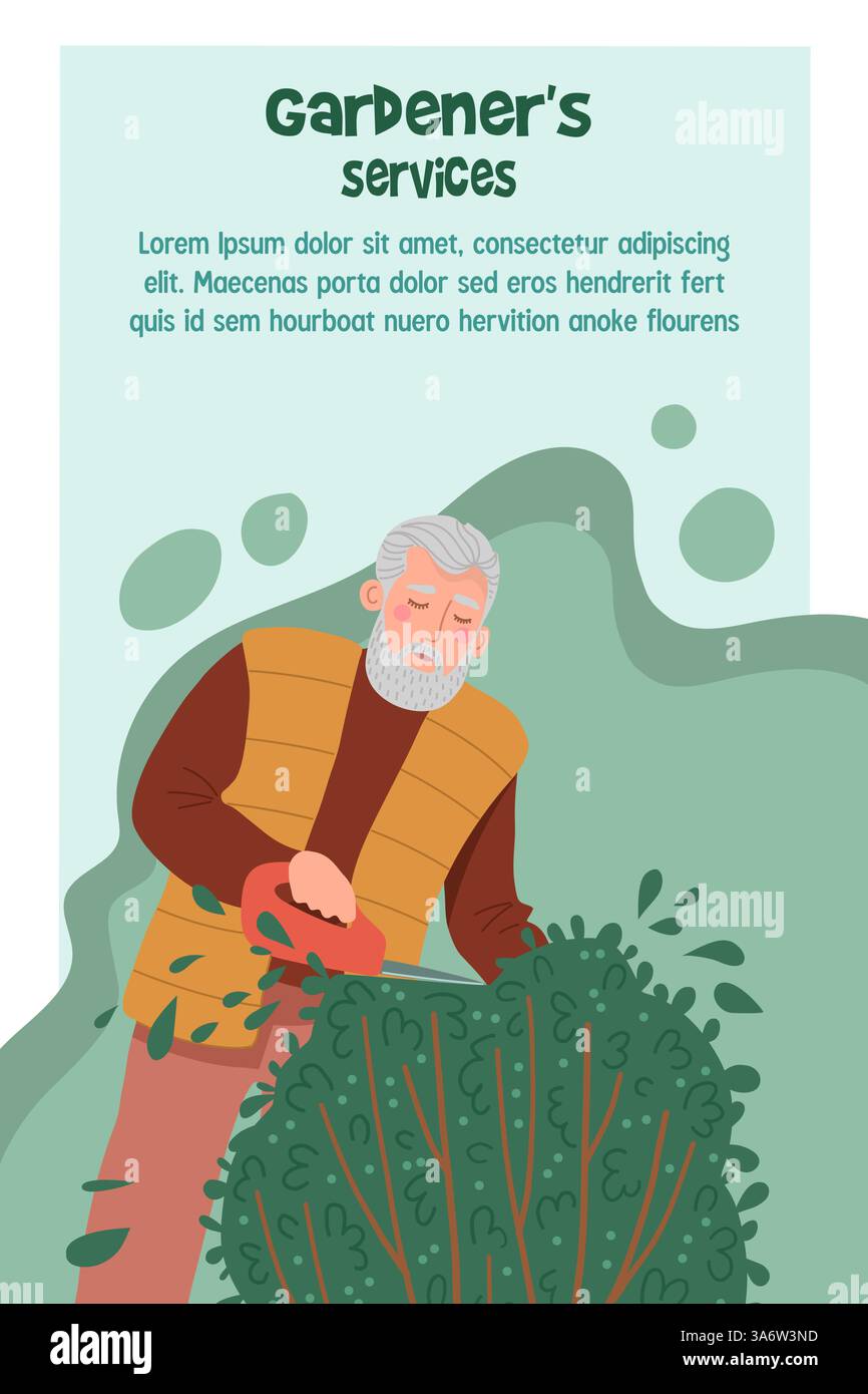 Banner pubblicitario verticale che mostra un uomo anziano che taglia un cespuglio. Offre un servizio di giardinaggio. Illustrazione vettoriale Illustrazione Vettoriale