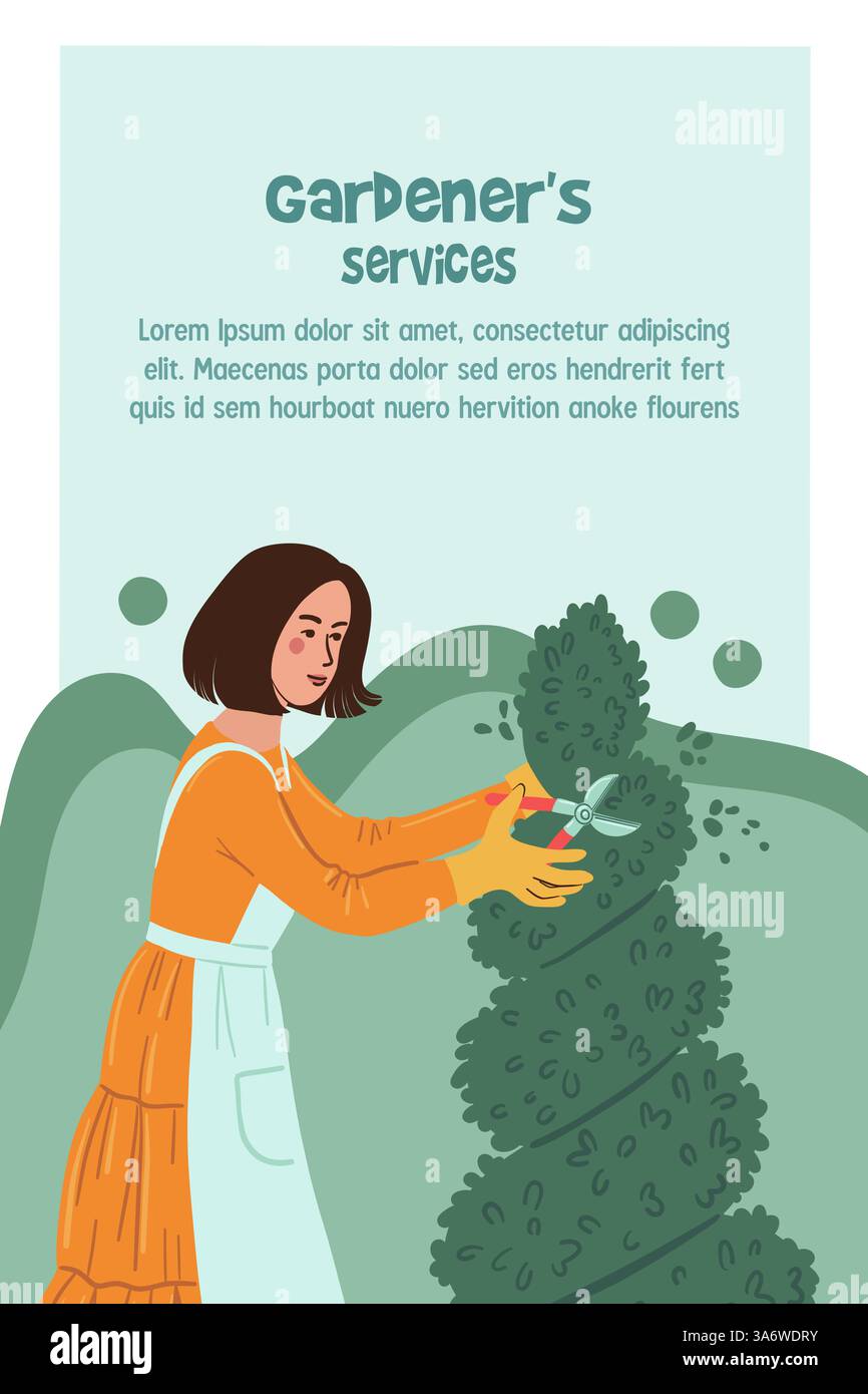 Banner verticale che offre un servizio di giardinaggio. Donna che taglia un albero di thuja. . Illustrazione vettoriale Illustrazione Vettoriale