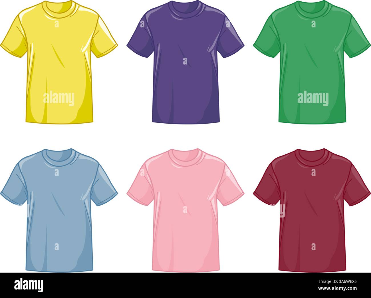 Collezione di T-shirt di diversi colori. Modelli per abbigliamento per magliette unisex, vista frontale. Modello di stampa tessuto vuoto per uno schizzo di moda. Illustrazione Vettoriale