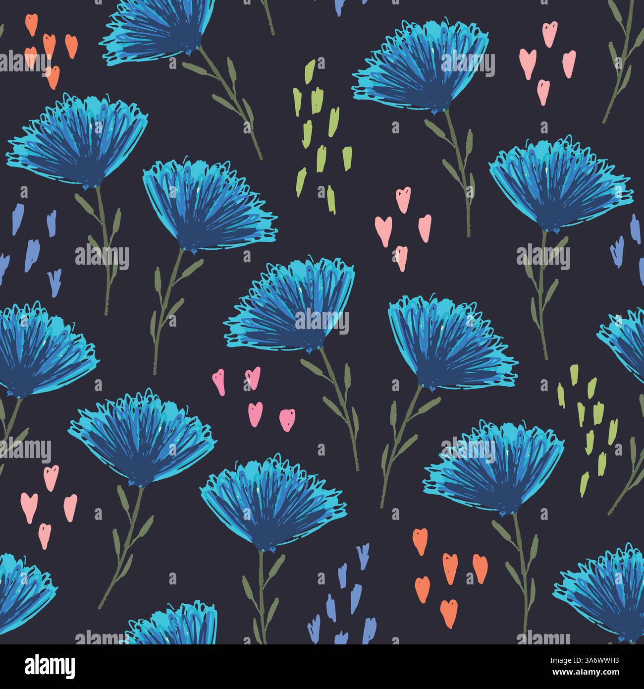 Grazioso motivo floreale con fiori blu brillante Illustrazione Vettoriale