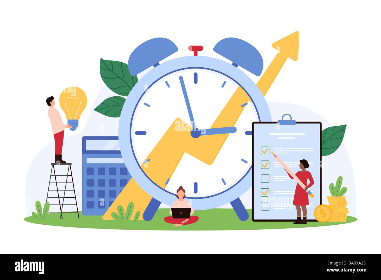 Strategia produttiva di gestione del tempo, organizzazione di progetti per la crescita aziendale. Le persone più piccole lavorano con le cose da fare a grandi ore per raggiungere gli obiettivi, addestrare la disciplina per l'illustrazione vettoriale dei cartoni animati Illustrazione Vettoriale