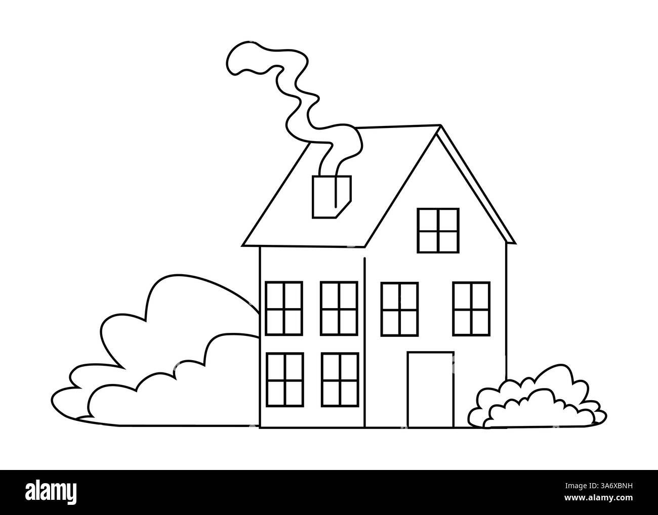 Accogliente abbozzo di casa con fumo che sale dal camino circondato da arbusti verdi Illustrazione Vettoriale