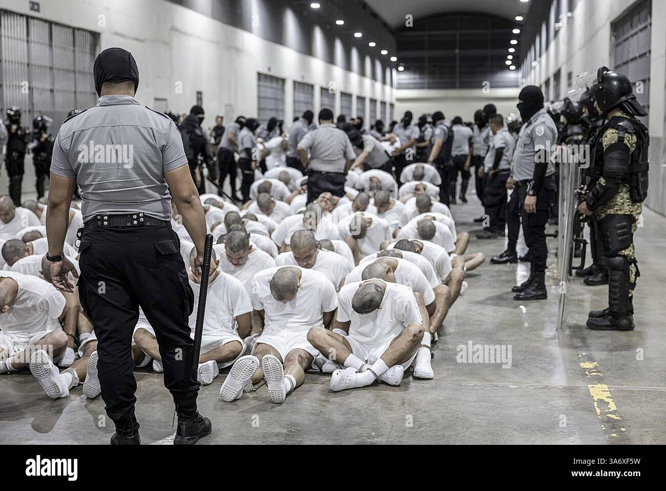 Tecoluca, El Salvador. 26 marzo 2025. I presunti membri della violenta banda di strada venezuelana Tren de Aragua sono scortati alle loro celle presso il Centro di confinamento del terrorismo di massima sicurezza (CECOT) a Tecoluca, El Salvador, domenica 16 marzo 2025. L'amministrazione Trump ha utilizzato l'Alien Enemies Act del 1798 per deportare sospetti membri di gang. Foto via El Salvador Presidential Press Office/UPI credito: UPI/Alamy Live News Foto Stock