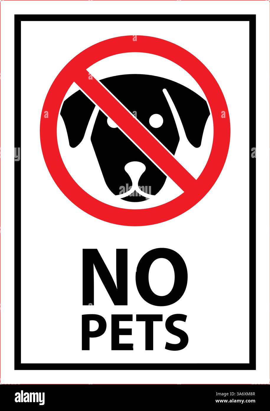 Cartello di divieto con l'icona del cane nero con barra rossa e testo che indica animali domestici non ammessi nell'area Illustrazione Vettoriale