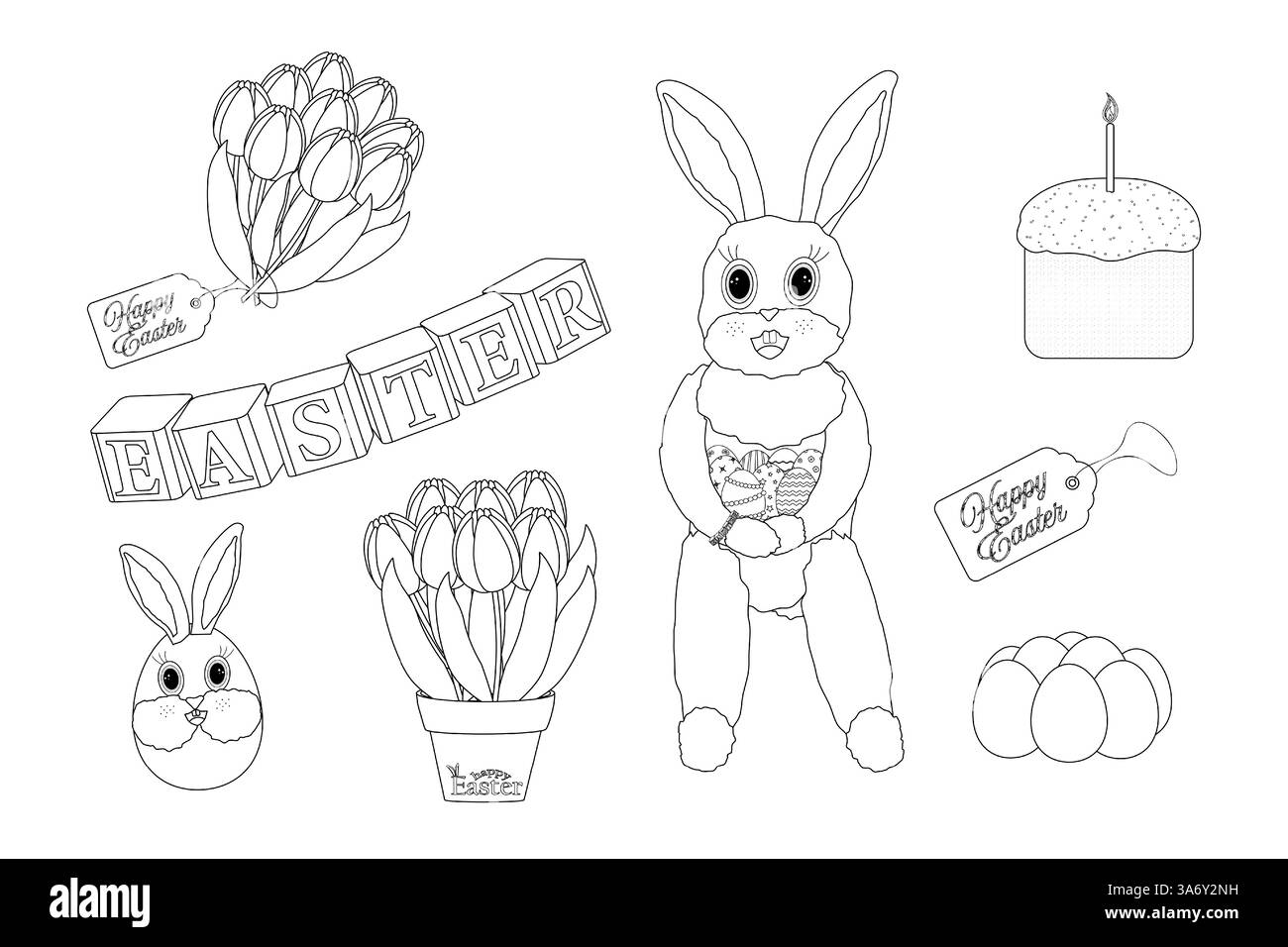 Illustrazione in bianco e nero con coniglietto di Pasqua, tulipani, uova di Pasqua decorate, torta di Pasqua e testo - buona Pasqua -. Ideale per colorare la pagina. Illustrazione Vettoriale