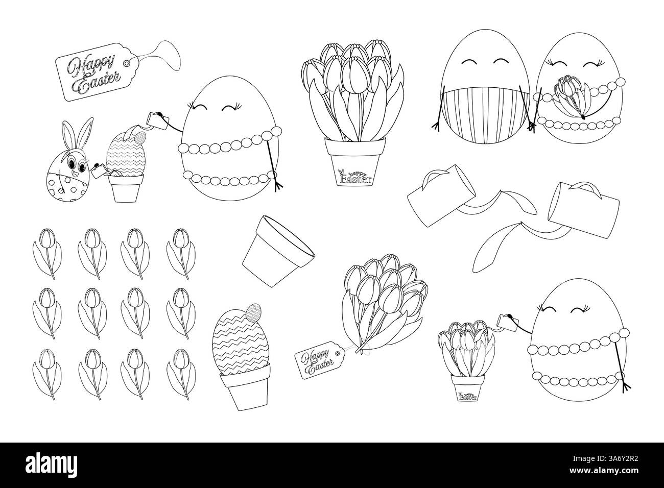 Set di pagine da colorare Pasqua in bianco e nero con tulipani, uova decorative, lattine da innaffiare, giardinaggio ed elementi festivi. Illustrazione Vettoriale