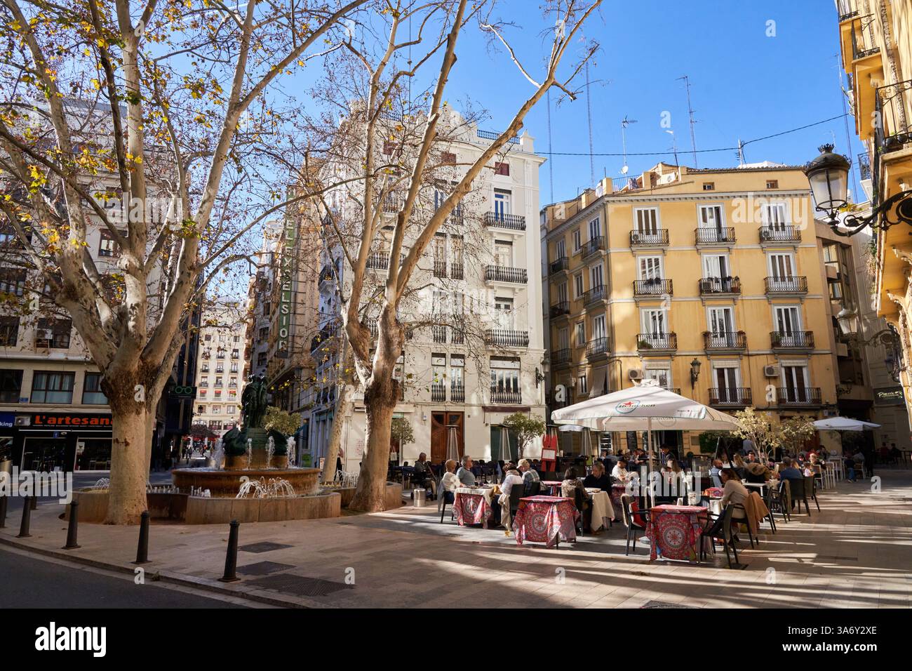 Terrazza, Fontana delle tre Grazie, Piazza Rodrigo Botet, città vecchia, Ciutat Vella, Valencia, Comunidad Valenciana, Spagna, Europa Foto Stock