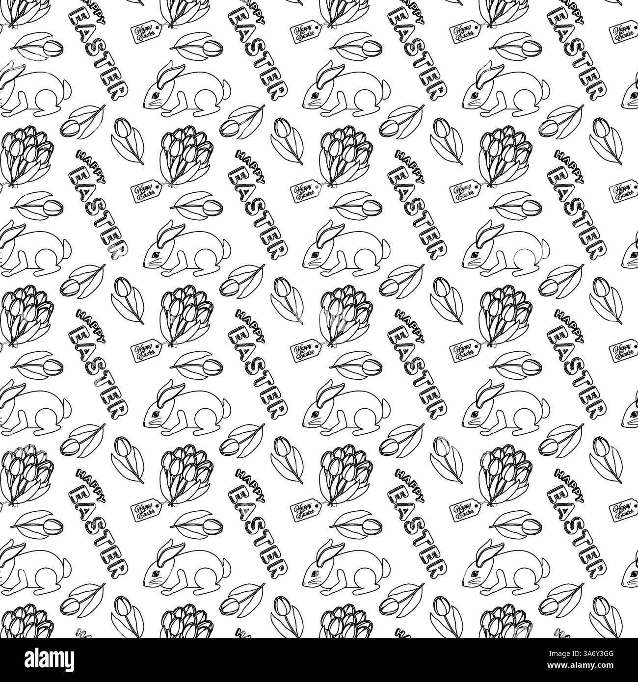 Motivo bianco e nero senza cuciture con coniglietti di Pasqua, tulipani, mazzi e testo - buona Pasqua - disegnato a mano. Ideale per i bambini. Illustrazione Vettoriale