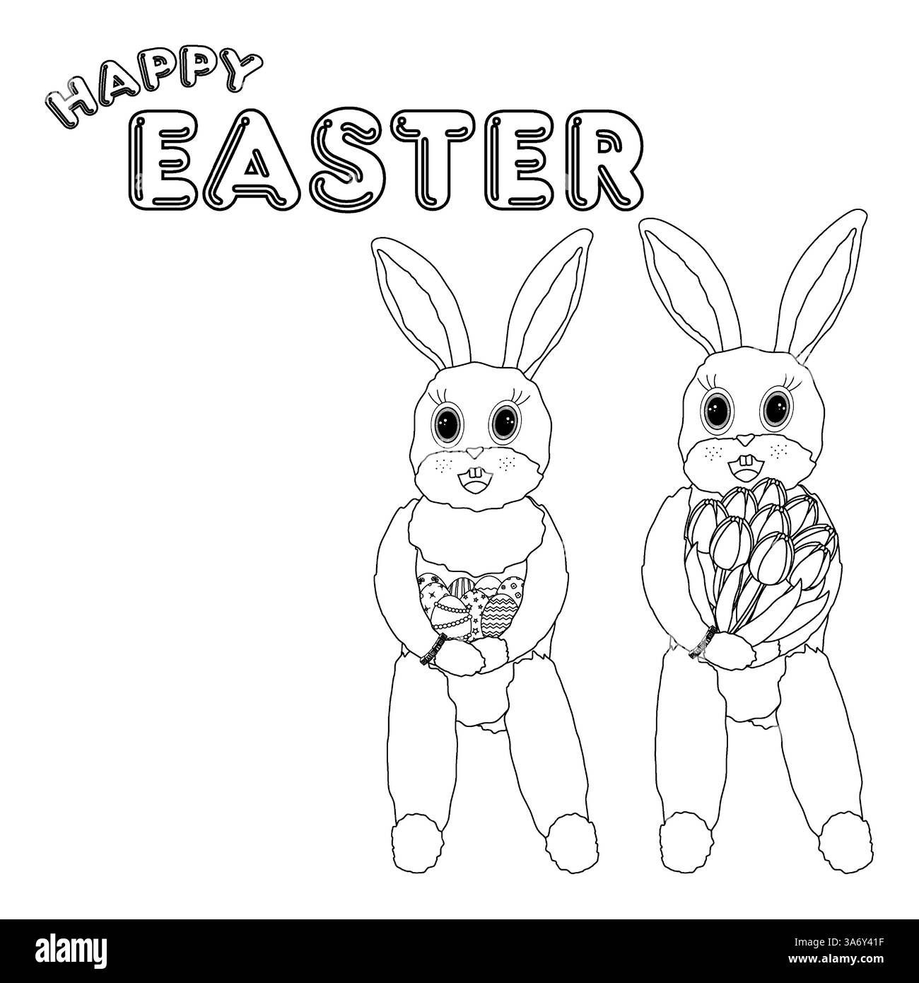 Pagina da colorare in bianco e nero con due coniglietti di Pasqua, uno con uova di Pasqua decorate e l'altro con un bouquet di tulipani. Illustrazione Vettoriale