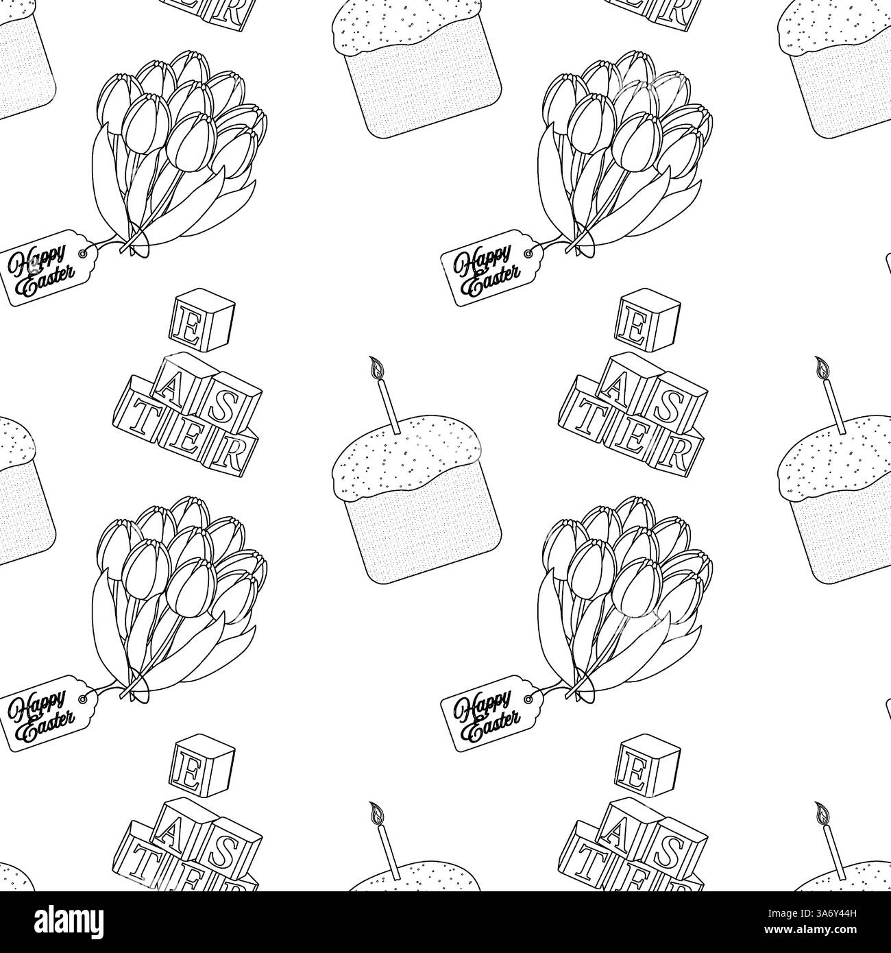 Motivi Pasqua in bianco e nero senza cuciture con mazzi di tulipani, torte di Pasqua, cartellini di Pasqua e blocchi decorativi. Ideale per la colorazione. Illustrazione Vettoriale