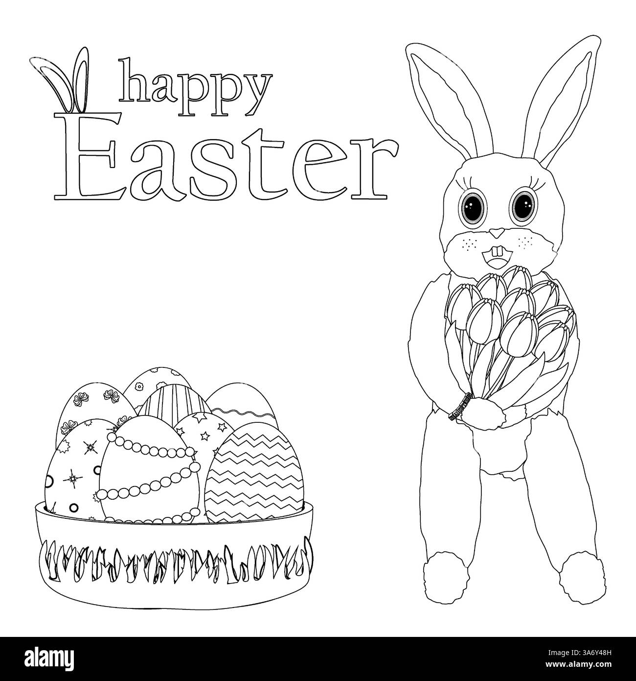 Pagina da colorare in bianco e nero di Pasqua con un coniglietto pasquale che tiene i tulipani e un cestino decorato per le uova di Pasqua. Divertente stampabile per bambini, artigianato. Illustrazione Vettoriale