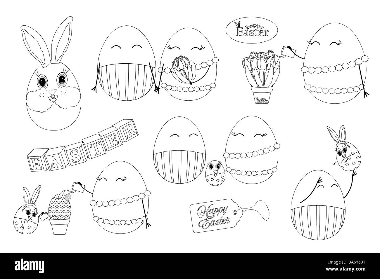 Un divertente set di pagine da colorare in bianco e nero di Pasqua con carini uova di Pasqua antropomorfe di famiglia, coniglietto pasquale, tulipani ed elementi natalizi. Illustrazione Vettoriale