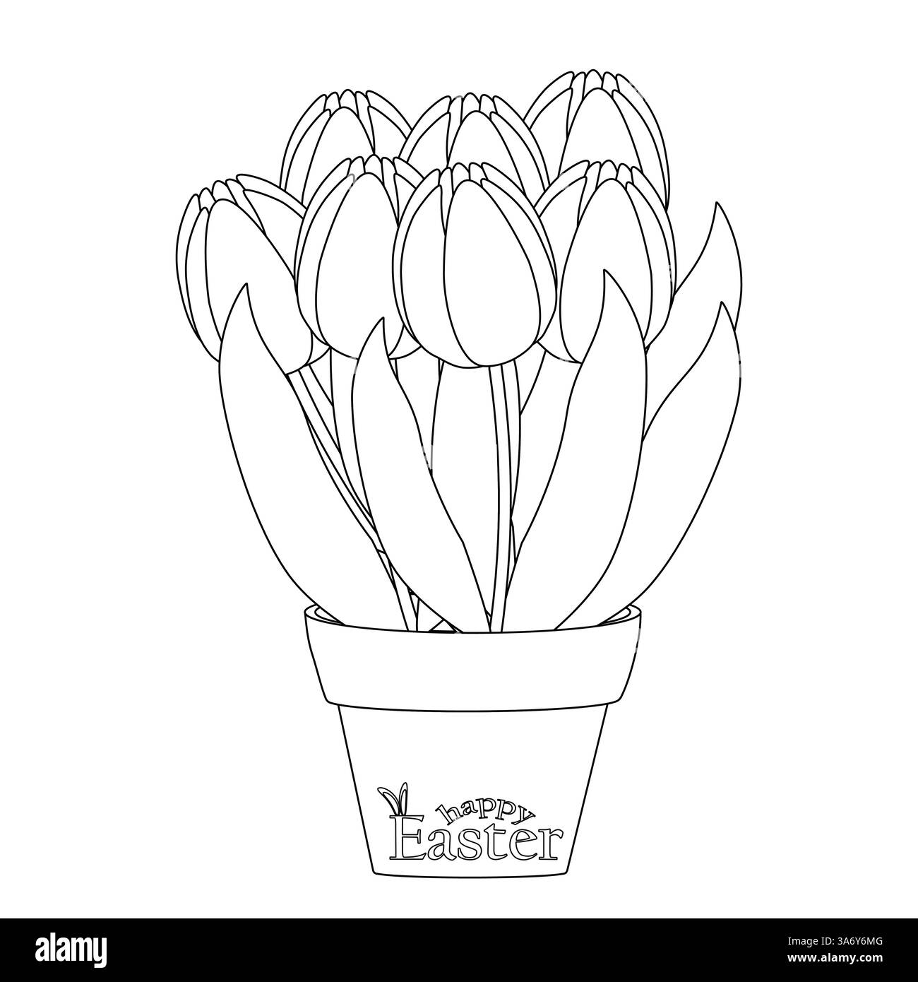 Pagina di colori in bianco e nero a tema pasquale con bouquet di tulipani in vaso e testo sul piatto - buona Pasqua -. Illustrazione Vettoriale
