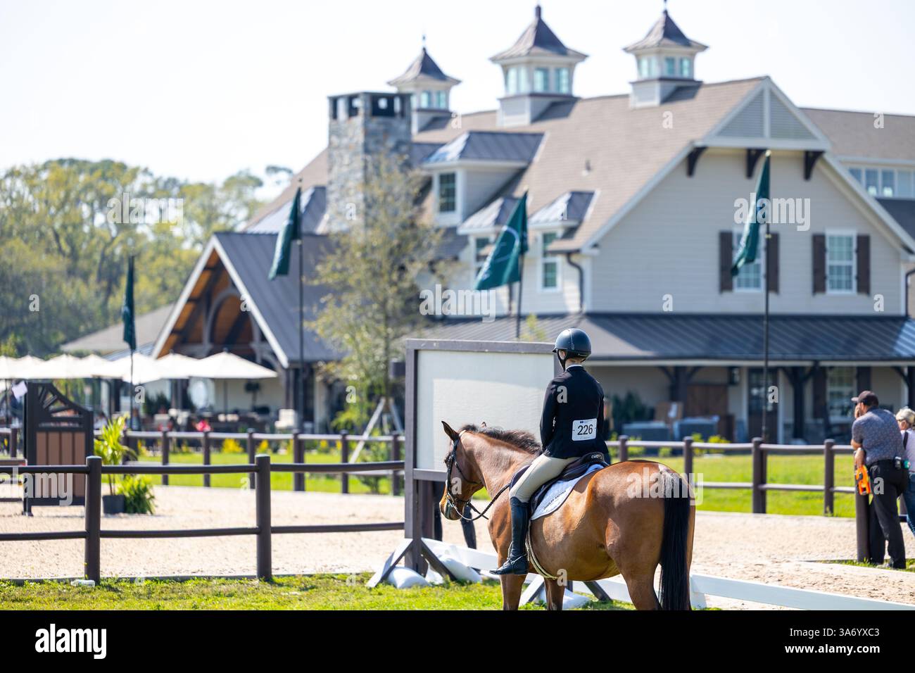 Giovane donna che cavalca un bel cavallo. Jockey sportivo equestre Foto Stock