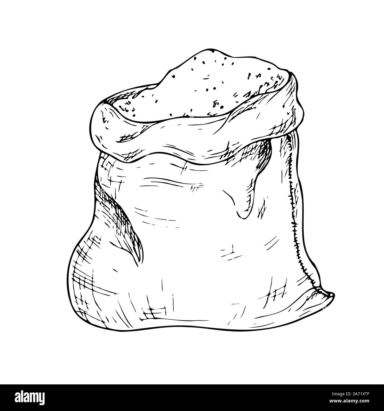 Borsa in tela vettoriale per alimenti o consegne. Sacchetto di inchiostro grafico con farina, illustrazione a grana isolata sullo sfondo. Schizzo della linea disegnata a mano. Per Illustrazione Vettoriale