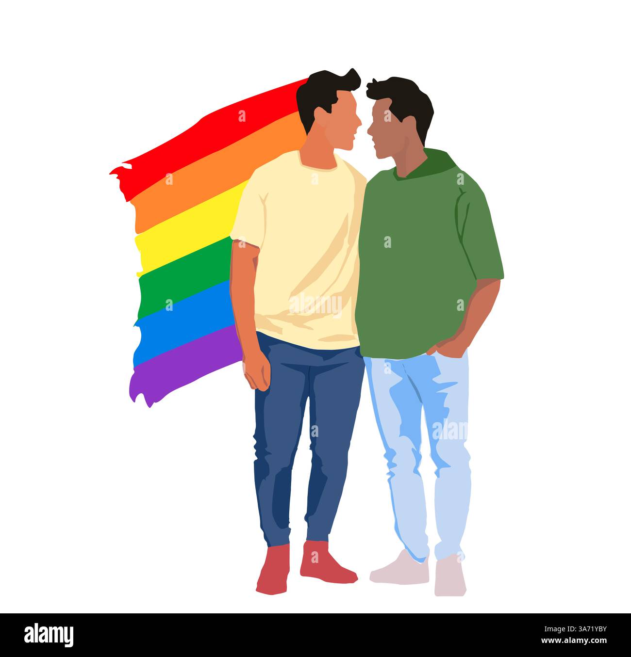 Illustrazione vettoriale di due uomini che si abbracciano a vicenda con una bandiera LGBT Foto Stock