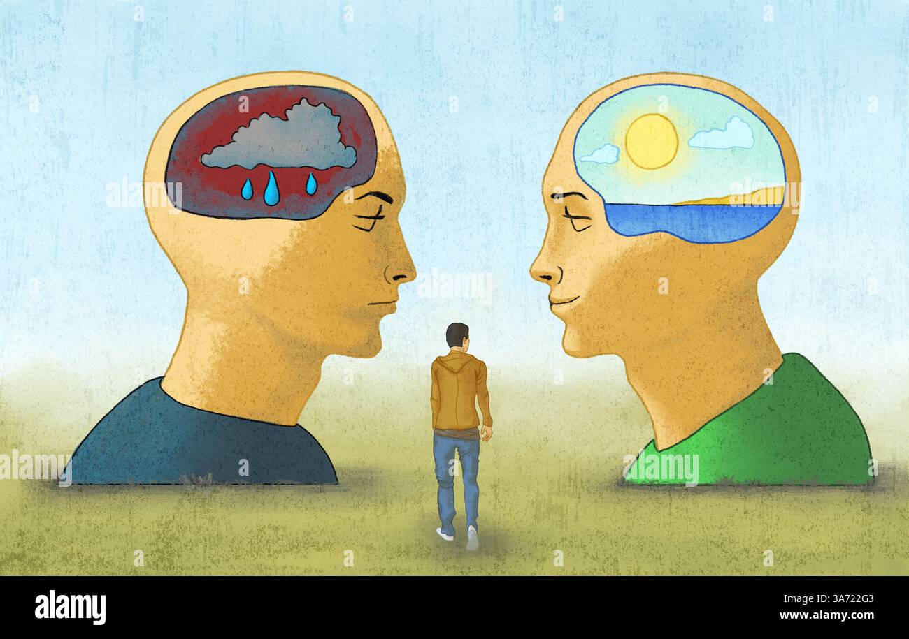 Scegliere tra uno stato mentale negativo e uno positivo. Illustrazione digitale. Foto Stock