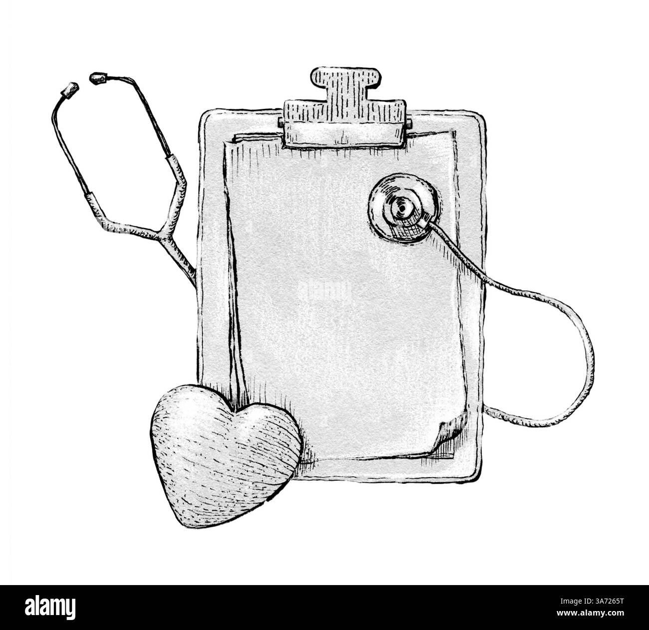 Composizione a tema medico con blocco note, stetoscopio e cuore. Illustrazione tradizionale, la mia opera d'arte Foto Stock