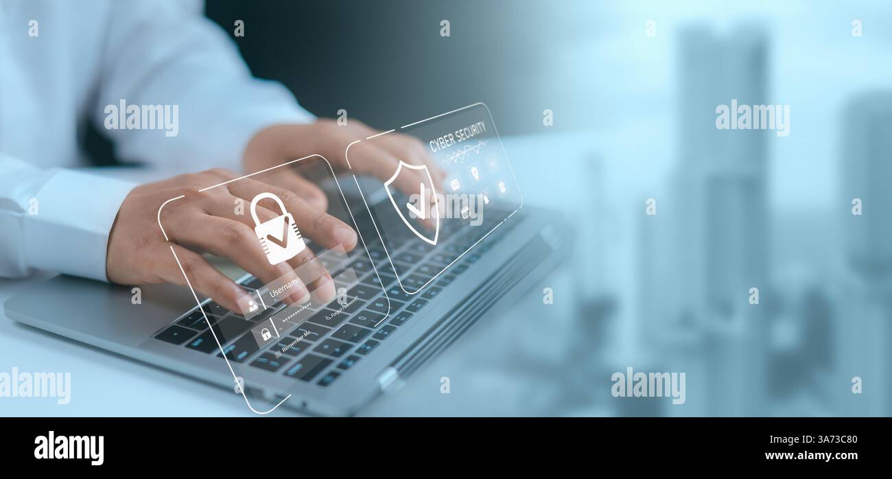 Sicurezza informatica e privacy per proteggere i dati, sicurezza e crittografia della privacy degli utenti umani, accesso sicuro a Internet tecnologia futura e cibernetica, Scree Foto Stock