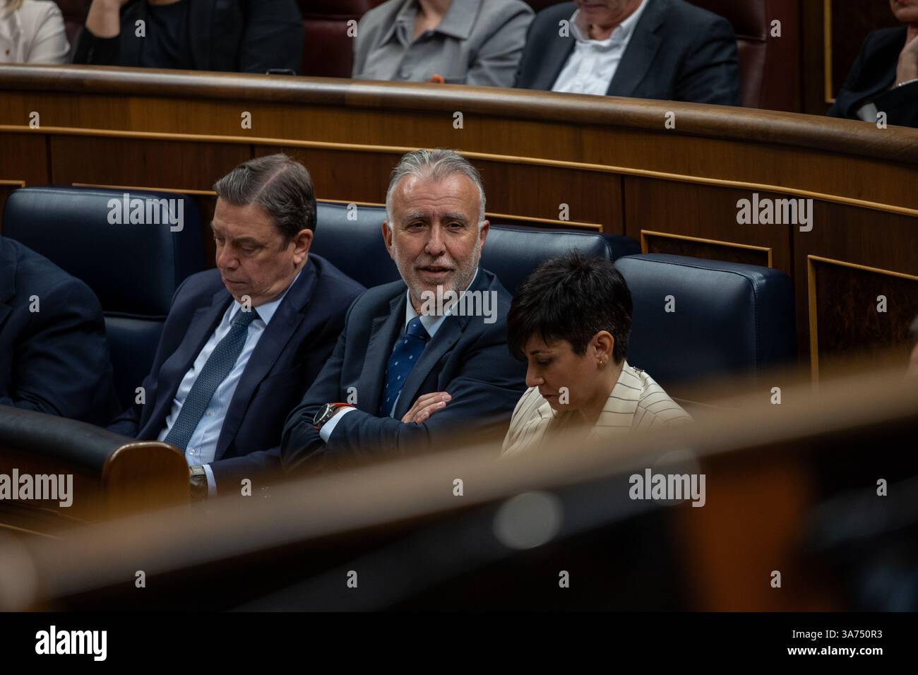 Madrid, Spagna. 26 marzo 2025. Ángel Víctor Torres, ministro della politica territoriale e della memoria democratica del governo spagnolo, visto durante la sessione parlamentare di controllo del governo nella sessione plenaria del Congresso dei deputati. Credito: SOPA Images Limited/Alamy Live News Foto Stock