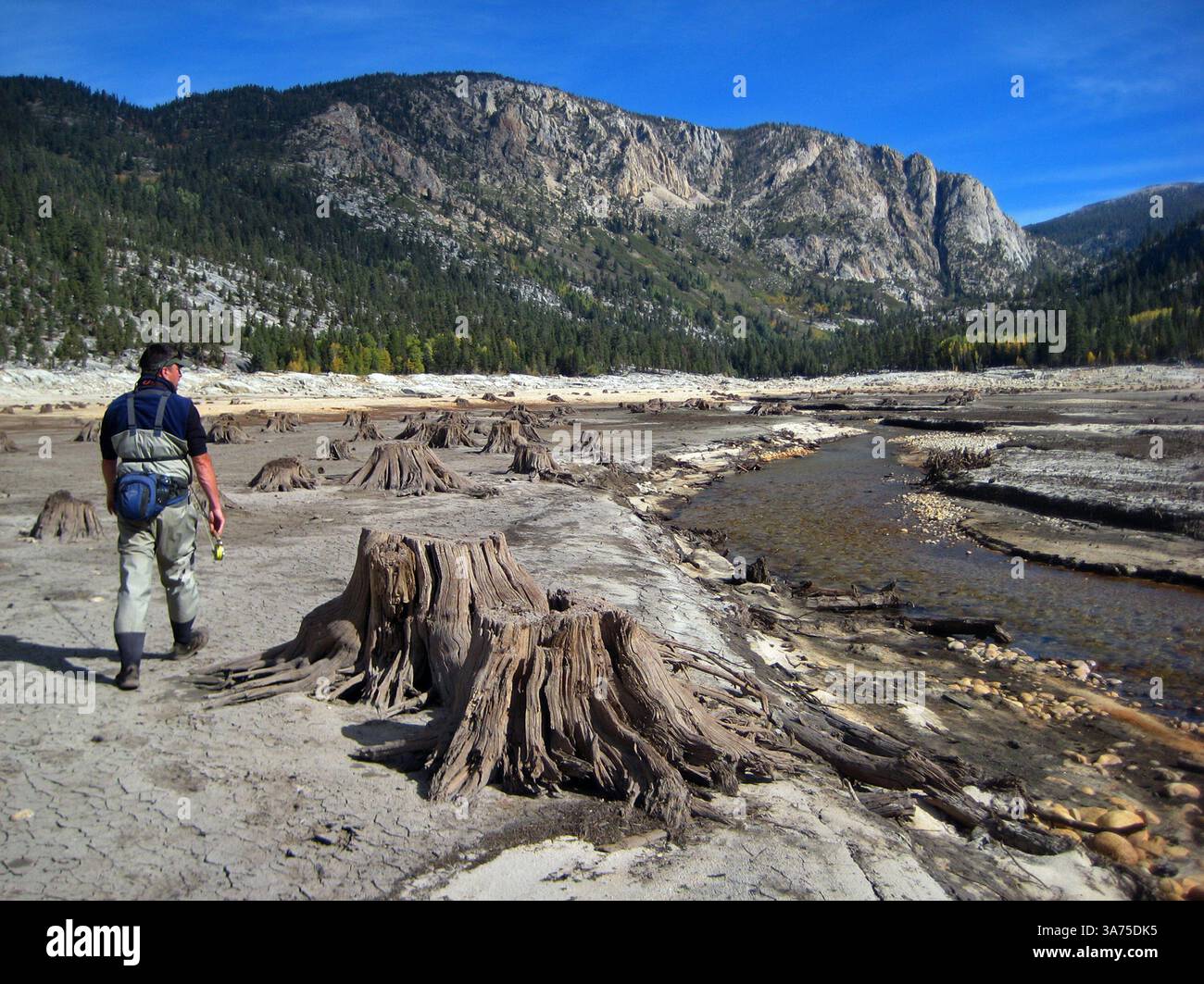 9 ottobre 2012 - Fresno, CA, USA - la guida alla pesca con la mosca Jimmie Morales passa da alcuni ceppi di alberi sparpagliati e il lento trickle del Mono Creek sulla strada verso l'estremità posteriore del lago Edison per pescare la trota bruna tedesca, 9 ottobre 2012. Sovrastano le Vermilion Cliffs. (Immagine di credito: © Marek Warszawski/MCT/ZUMAPRESS.com) Foto Stock