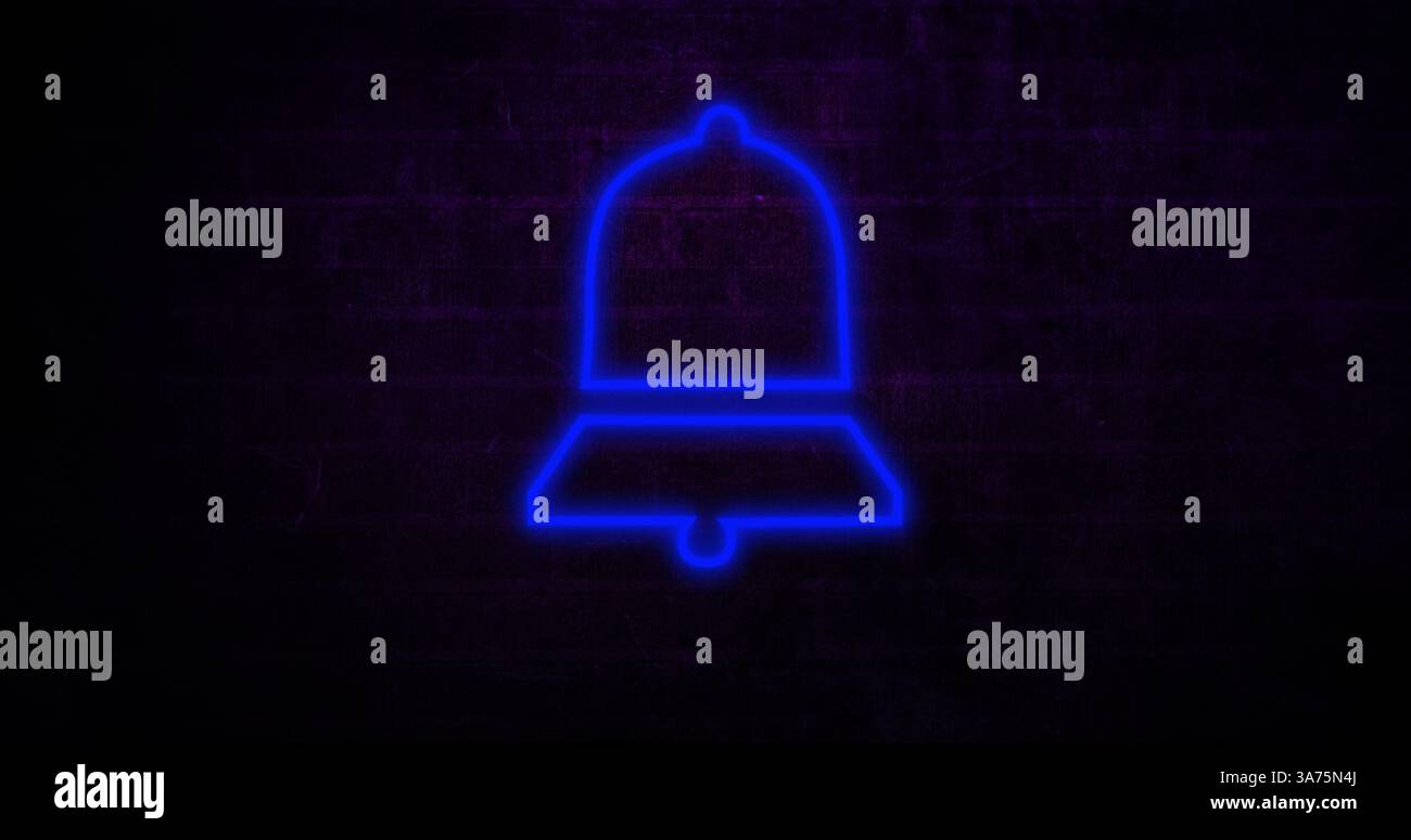 Icona a forma di campana blu neon che si illumina contro le pareti di mattoni scuri, creando un'atmosfera moderna Foto Stock
