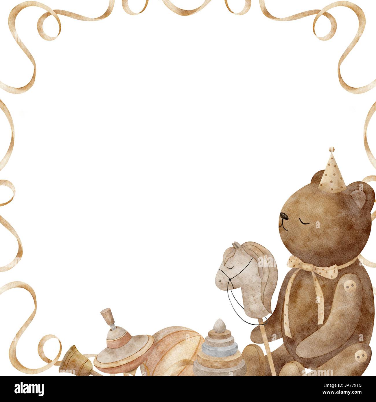 Telaio di giocattoli vintage, palla di cavallo su bastone, piramide, top rotante, palla, campanello. Illustrazione disegnata a mano con acquerello. Modello con spazio per il testo Foto Stock