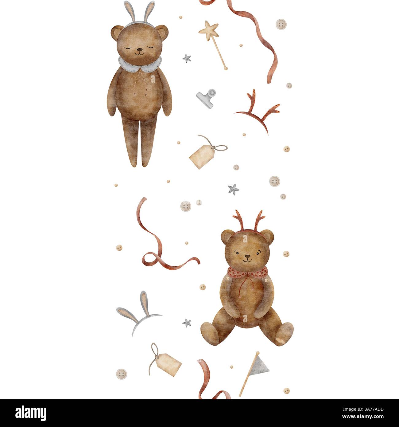 Giocattoli senza cuciture con bordo verticale orsacchiotto vintage in costume da coniglio e cervo. Orecchie da illustrazione in acquerello, corna articoli da cucire, artigianato, nastro per Foto Stock